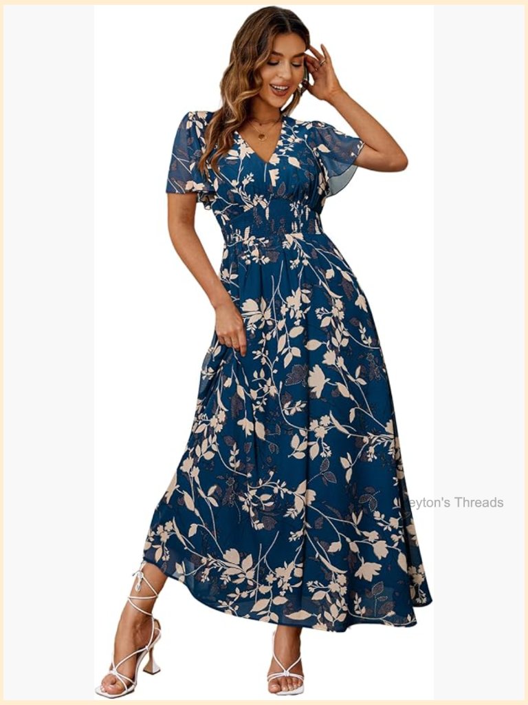 Boho Floral Maxi Dress Flowy Casual V Neck Short Sleeve Wedding Guest